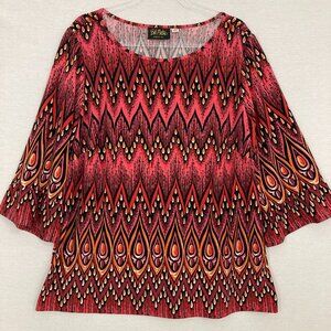 Bob Mackie Red‎ Chevron Artsy Round Neck Stretch Boho Knit Top 1X Office